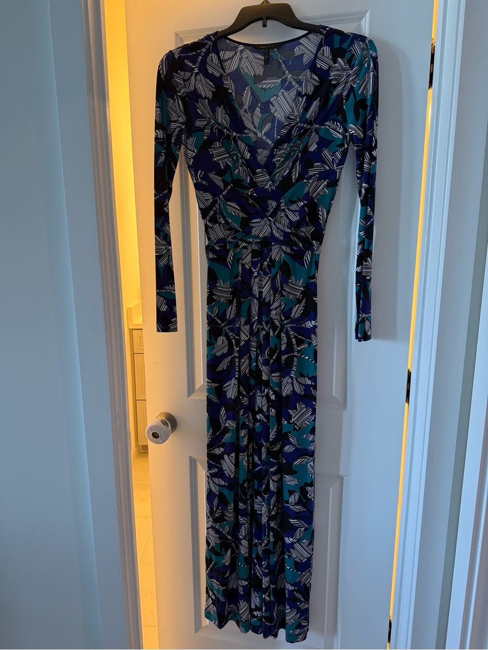 Long Sleeve Printed Wrap Maxi Dress - Navy & Teal